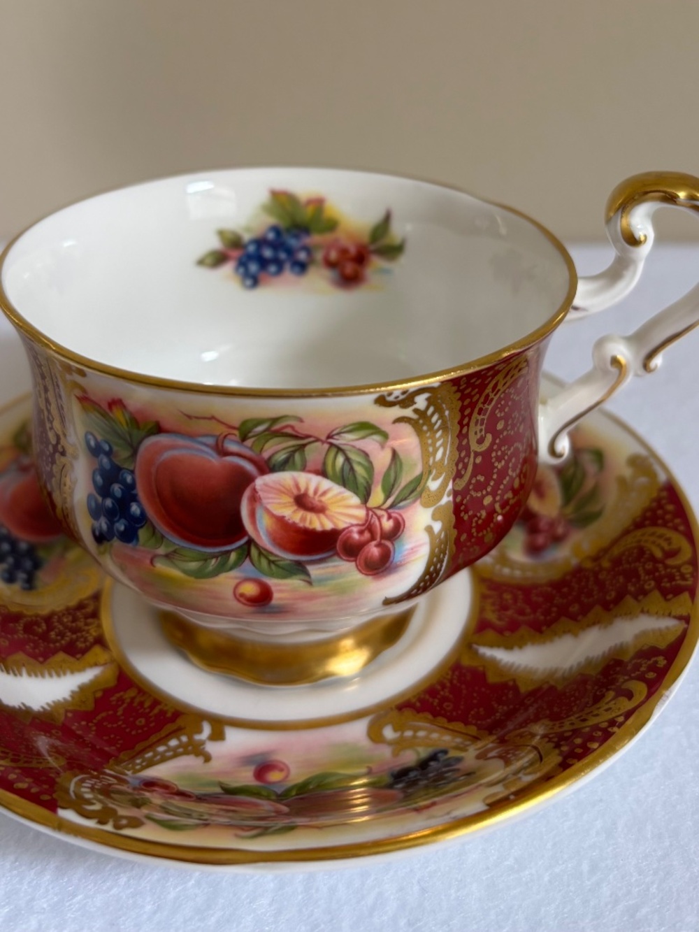 Paragon Cup & Saucer Fruit Pattern with Burgundy & Gold Gilt
